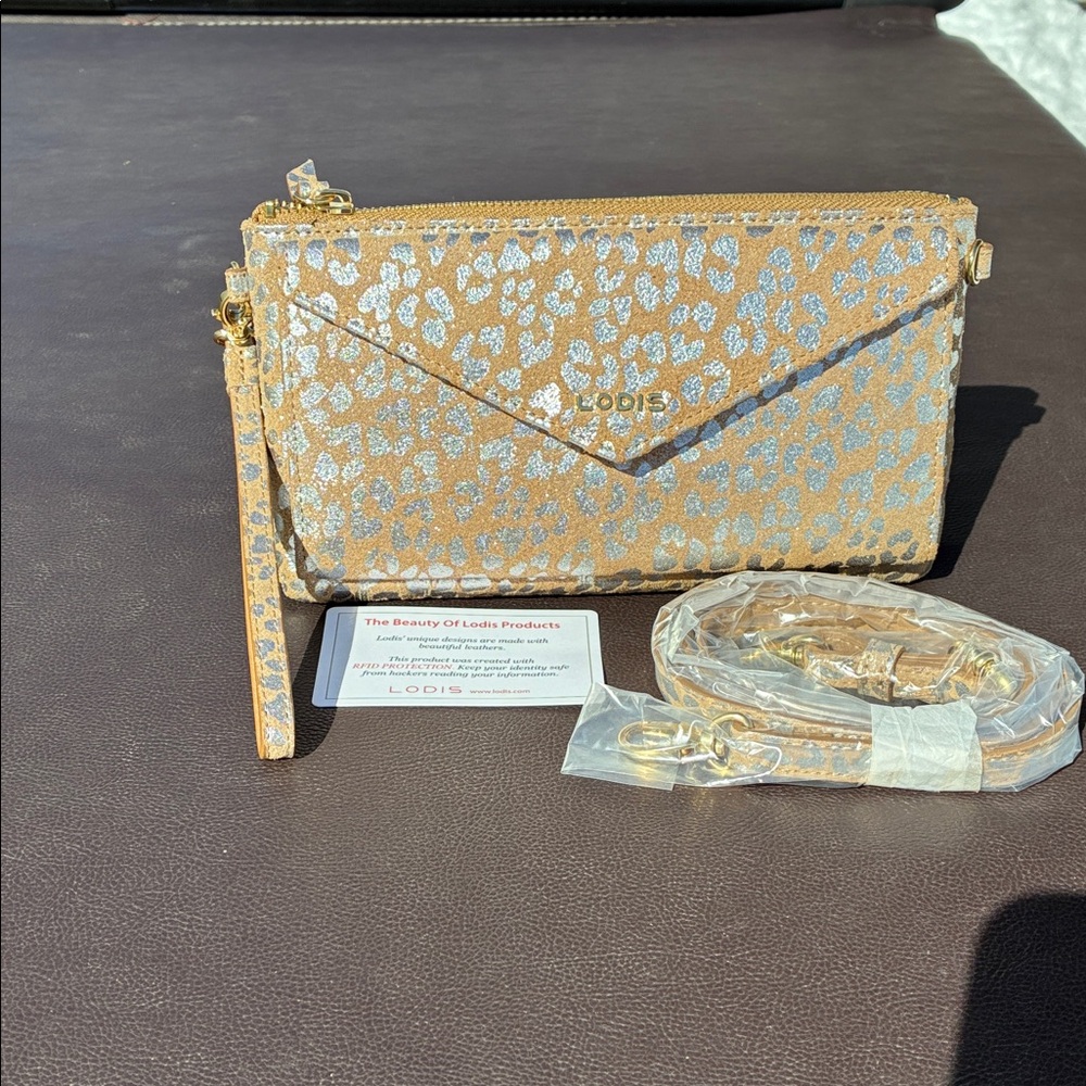 Lodis Leopard Print Tan and Silver Wristlet